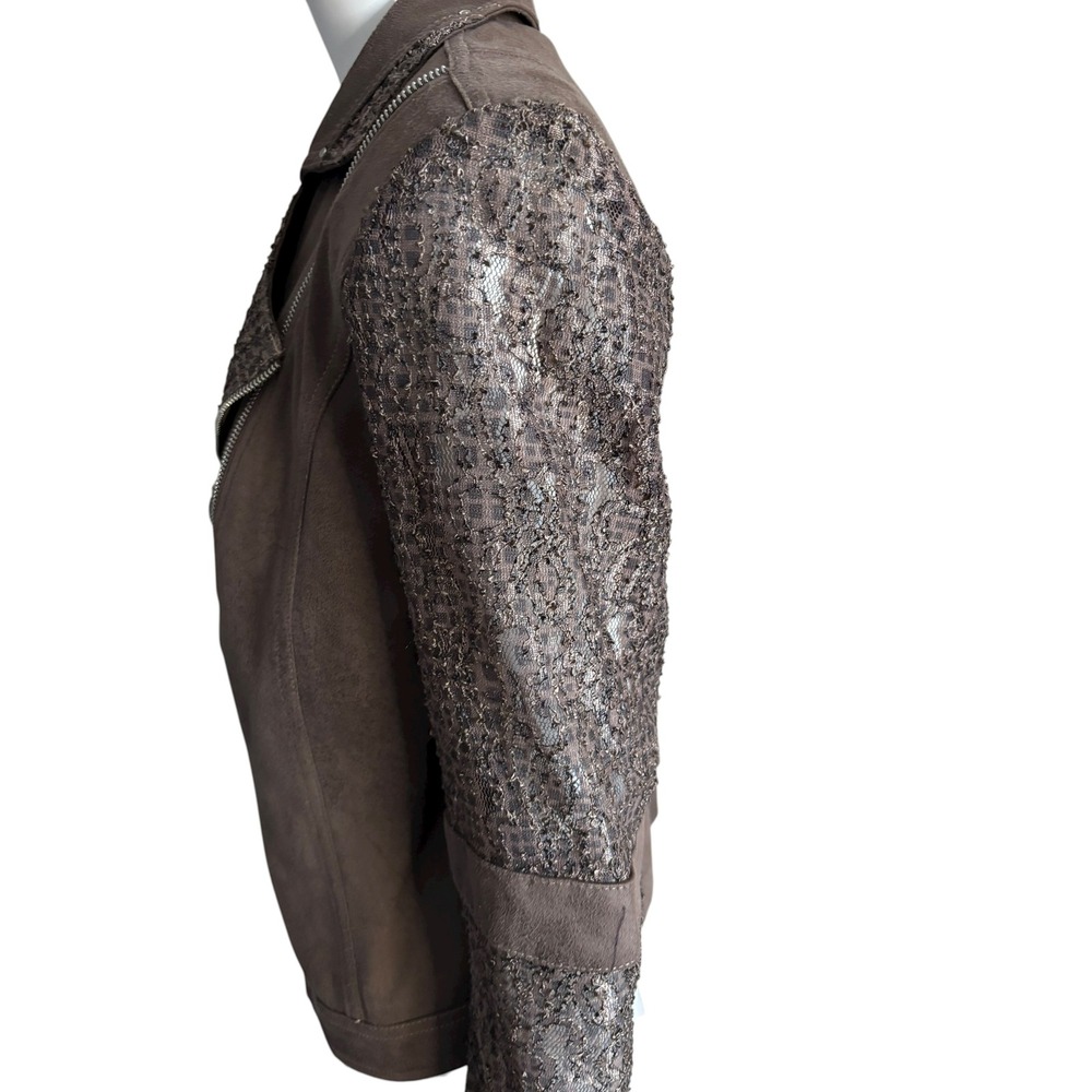 Joseph Ribkoff Brown Faux Suede & Zipper Moto Jacket Sequin Lace Panel Size M - Picture 3 of 9